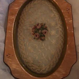 Vintage pearly coral bakelite clear pressed lace tray